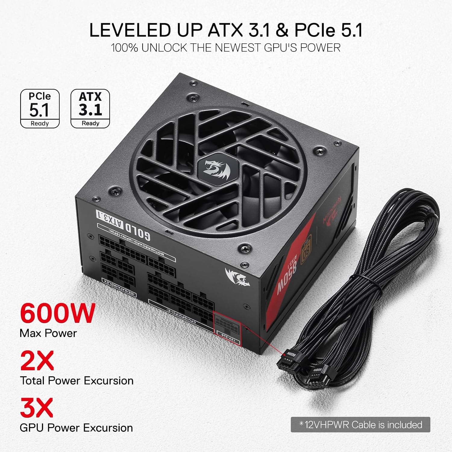 image:imageRedragon PSU017 80 Platinum 1000 Watt ATX 30 amp PCIe 50 Fully Modular Gaming Power Supply 80 Plus Certified 100 Japanese Capacitors amp Low Noise SmartECO Fan Fully Modular w12VHPWR CableATX 31 Gold BK