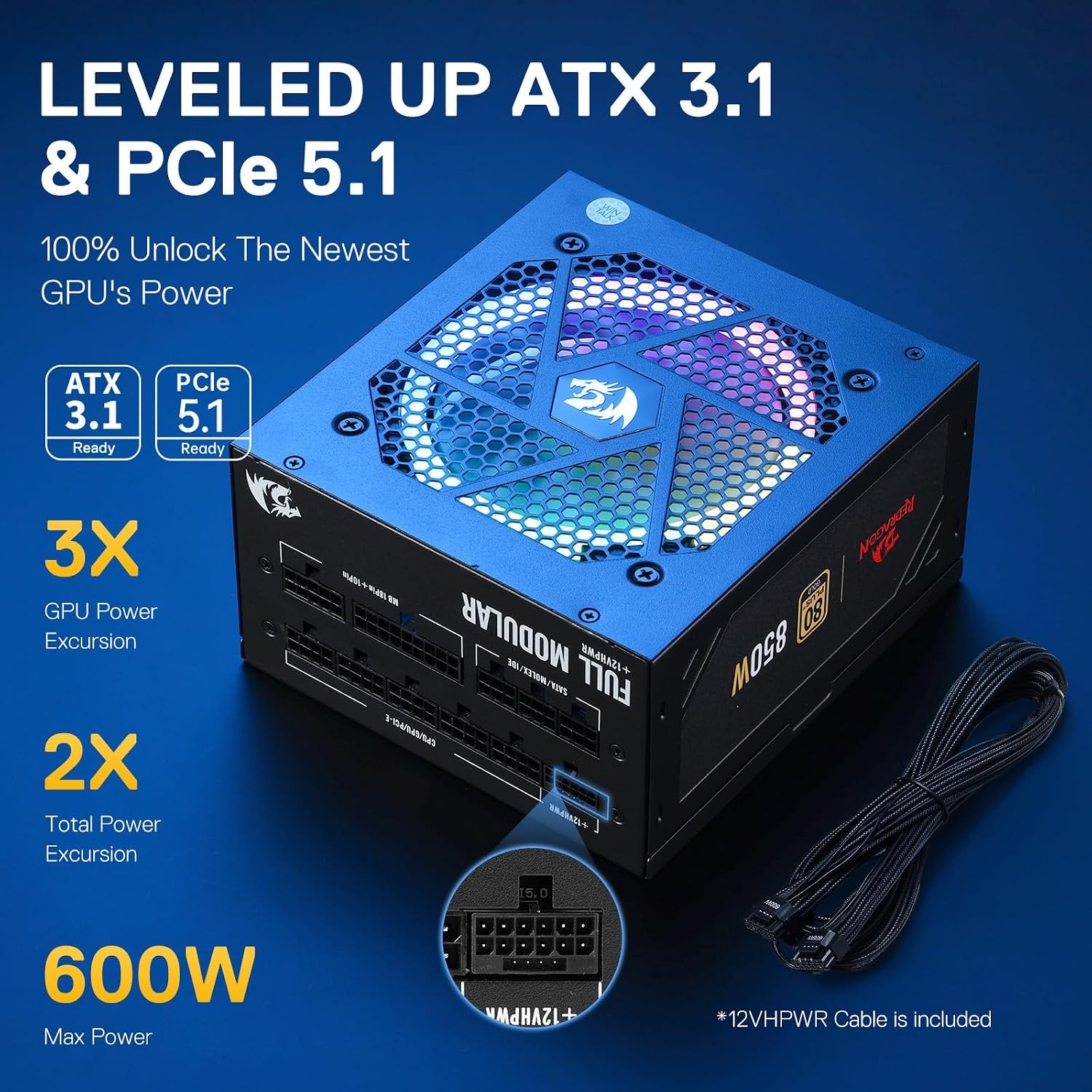 image:imageRedragon PSU017 80 Platinum 1000 Watt ATX 30 amp PCIe 50 Fully Modular Gaming Power Supply 80 Plus Certified 100 Japanese Capacitors amp Low Noise SmartECO Fan Fully Modular w12VHPWR CableATX 31 Gold BK RGB