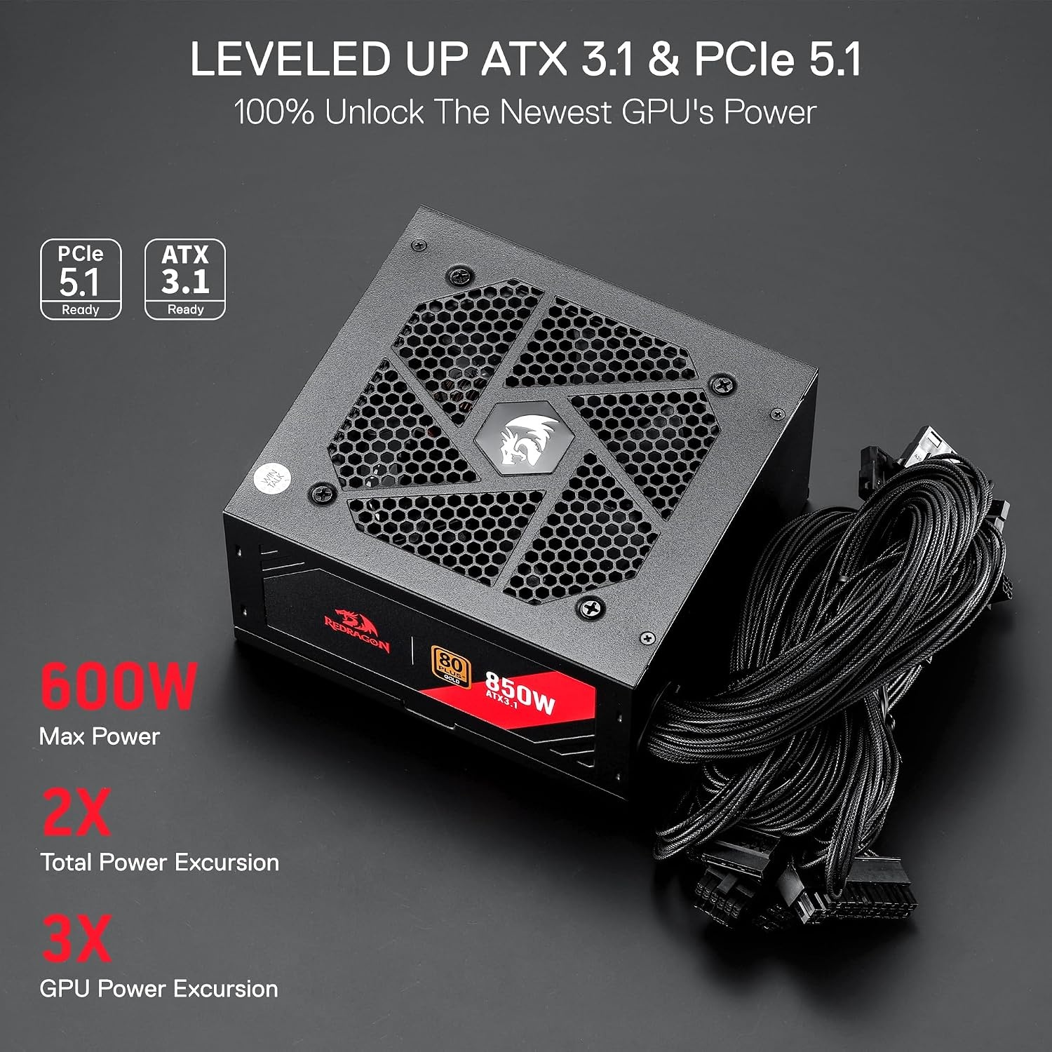 image:imageRedragon PSU017 80 Platinum 1000 Watt ATX 30 amp PCIe 50 Fully Modular Gaming Power Supply 80 Plus Certified 100 Japanese Capacitors amp Low Noise SmartECO Fan Fully Modular w12VHPWR CableATX 31 Gold BK NonModular