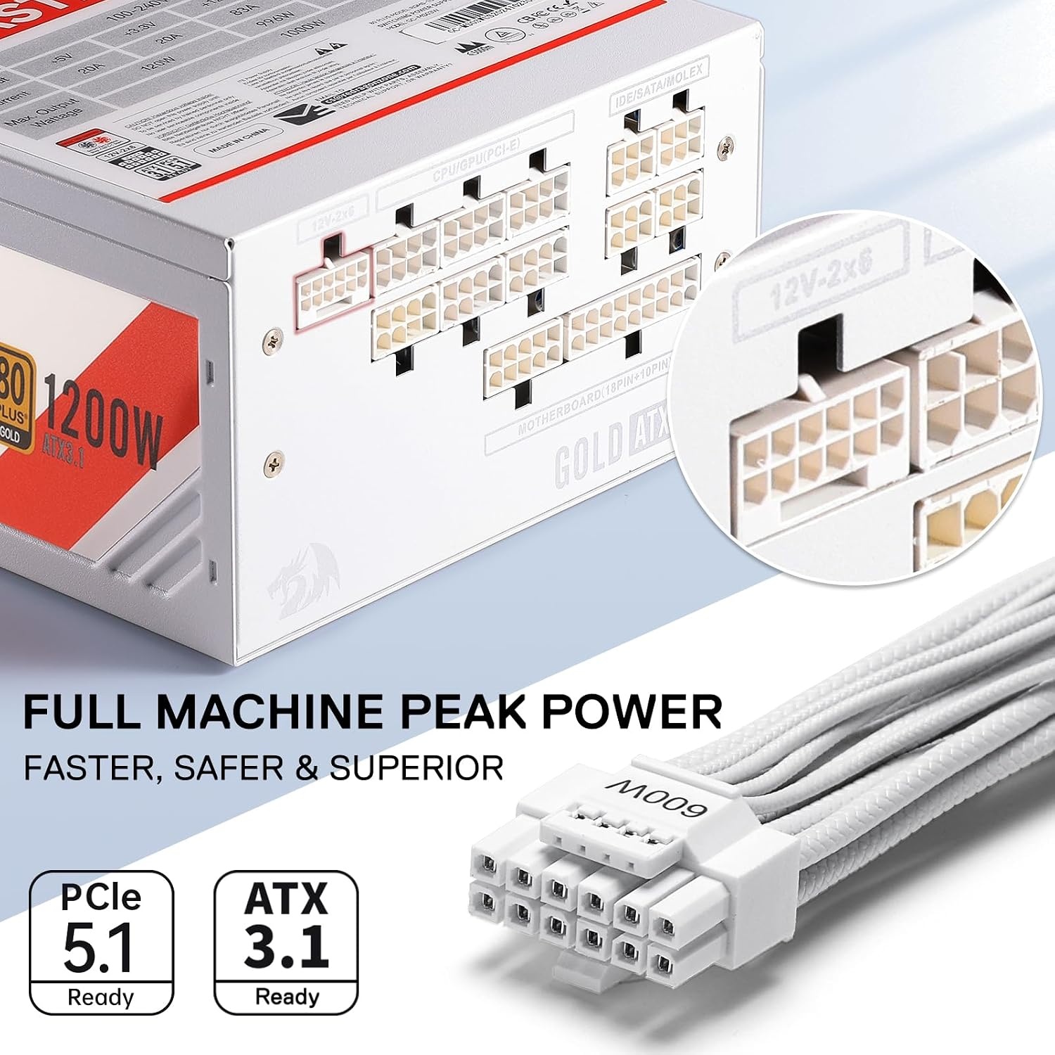image:imageRedragon PSU017 80 Platinum 1000 Watt ATX 30 amp PCIe 50 Fully Modular Gaming Power Supply 80 Plus Certified 100 Japanese Capacitors amp Low Noise SmartECO Fan Fully Modular w12VHPWR CableATX 31 Gold WT