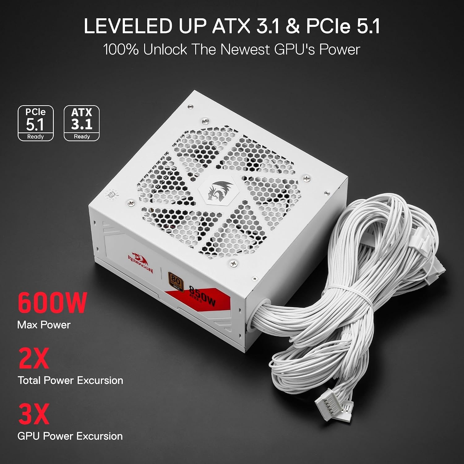 image:imageRedragon PSU017 80 Platinum 1000 Watt ATX 30 amp PCIe 50 Fully Modular Gaming Power Supply 80 Plus Certified 100 Japanese Capacitors amp Low Noise SmartECO Fan Fully Modular w12VHPWR CableATX 31 Gold WT NonModular