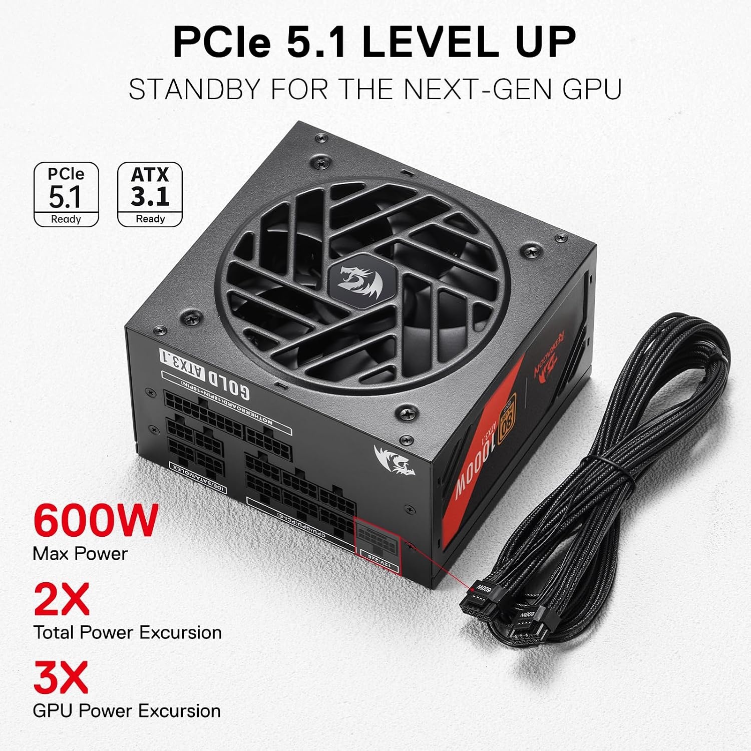 image:imageRedragon PSU017 80 Platinum 1000 Watt ATX 30 amp PCIe 50 Fully Modular Gaming Power Supply 80 Plus Certified 100 Japanese Capacitors amp Low Noise SmartECO Fan Fully Modular w12VHPWR CableATX 31 Gold BK