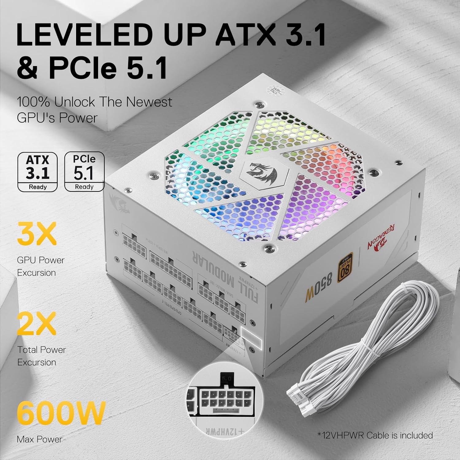 image:imageRedragon PSU017 80 Platinum 1000 Watt ATX 30 amp PCIe 50 Fully Modular Gaming Power Supply 80 Plus Certified 100 Japanese Capacitors amp Low Noise SmartECO Fan Fully Modular w12VHPWR CableATX 31 Gold WT RGB
