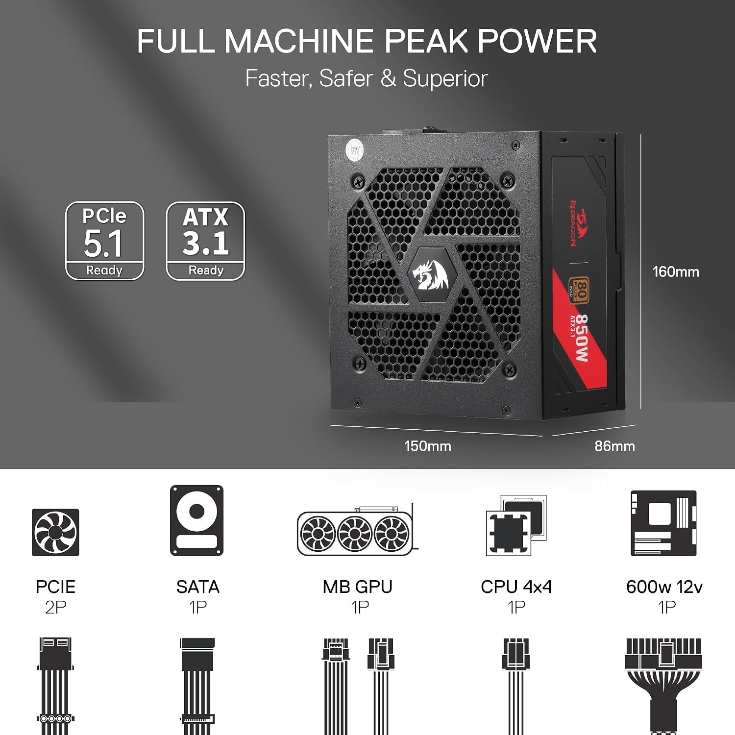 image:imageRedragon PSU017 80 Platinum 1000 Watt ATX 30 amp PCIe 50 Fully Modular Gaming Power Supply 80 Plus Certified 100 Japanese Capacitors amp Low Noise SmartECO Fan Fully Modular w12VHPWR CableATX 31 Gold BK NonModular