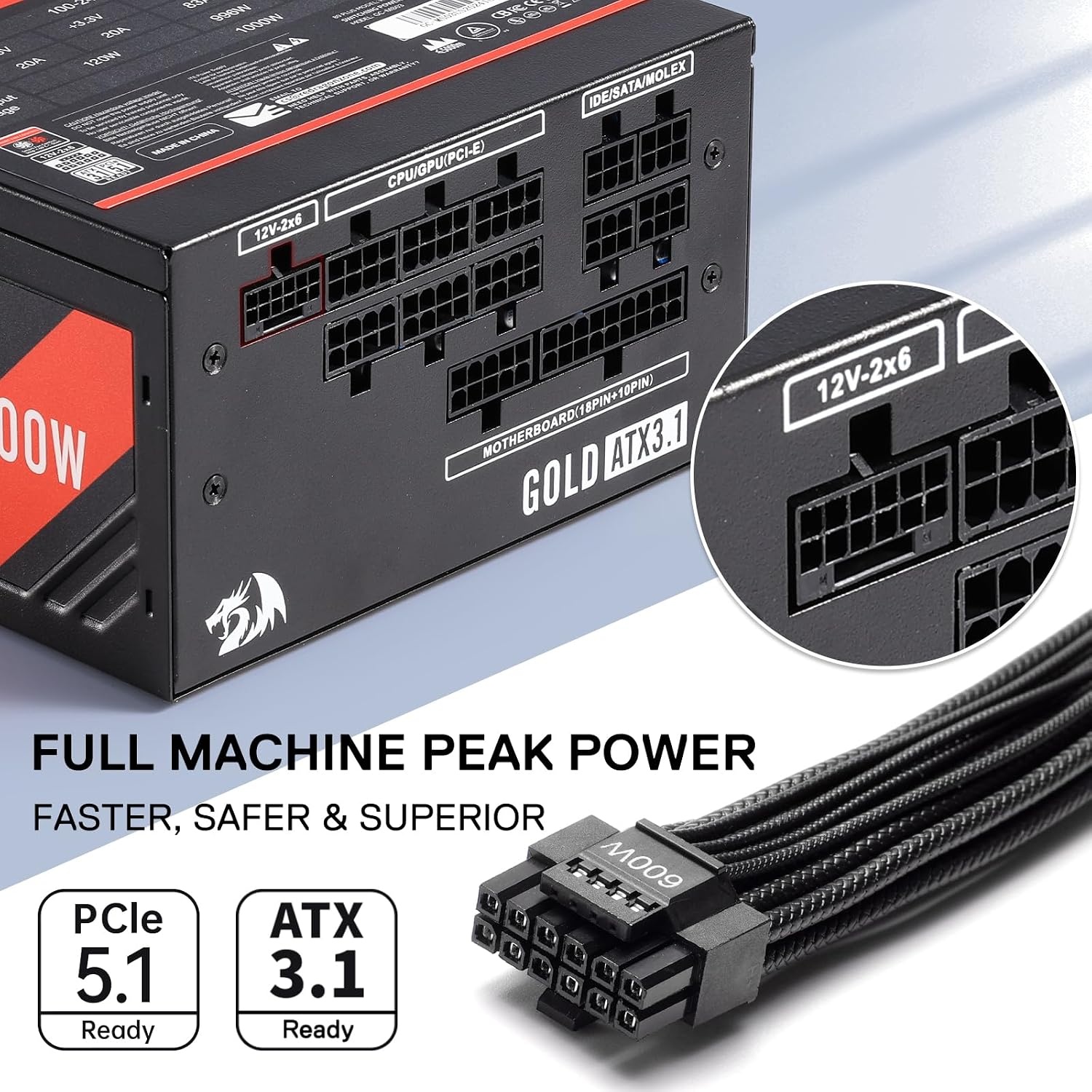 image:imageRedragon PSU017 80 Platinum 1000 Watt ATX 30 amp PCIe 50 Fully Modular Gaming Power Supply 80 Plus Certified 100 Japanese Capacitors amp Low Noise SmartECO Fan Fully Modular w12VHPWR CableATX 31 Gold BK