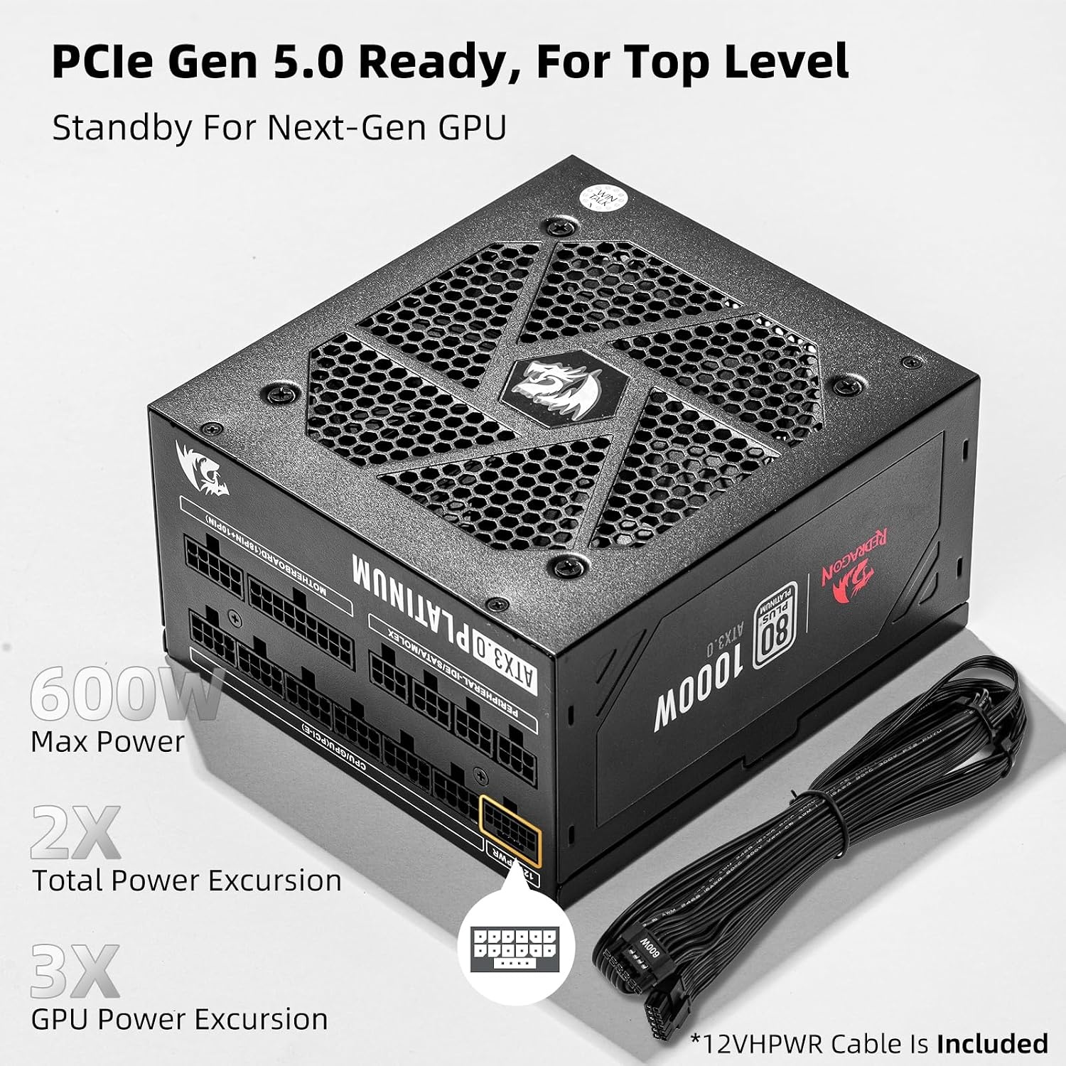 image:imageRedragon PSU017 80 Platinum 1000 Watt ATX 30 amp PCIe 50 Fully Modular Gaming Power Supply 80 Plus Certified 100 Japanese Capacitors amp Low Noise SmartECO Fan Fully Modular w12VHPWR CableATX 30 Platinum BK