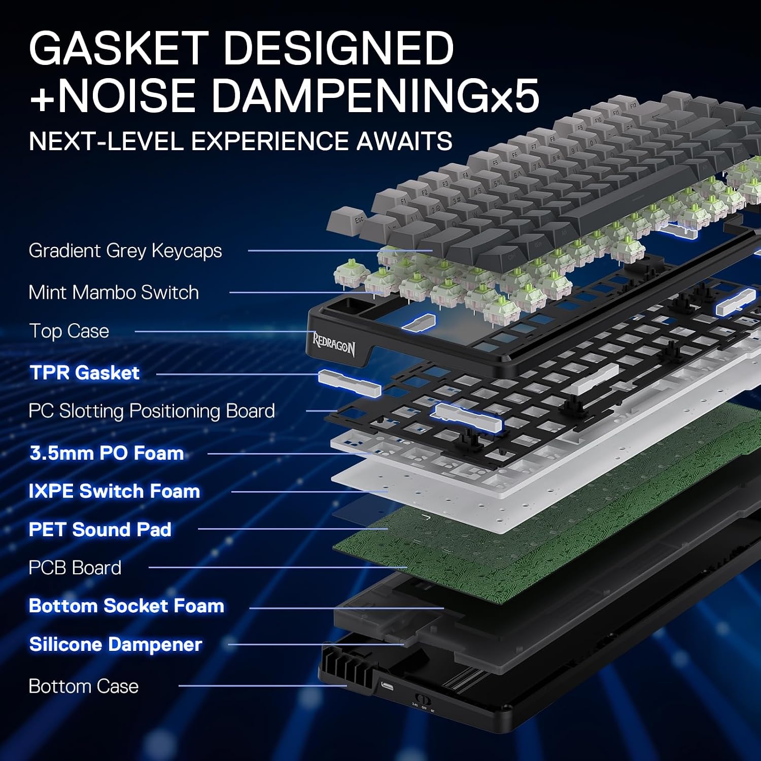 image:imageRedragon K673 PRO Wireless 81Key RGB Gasket Gaming Keyboard Scroll KnobConcrete Jungle