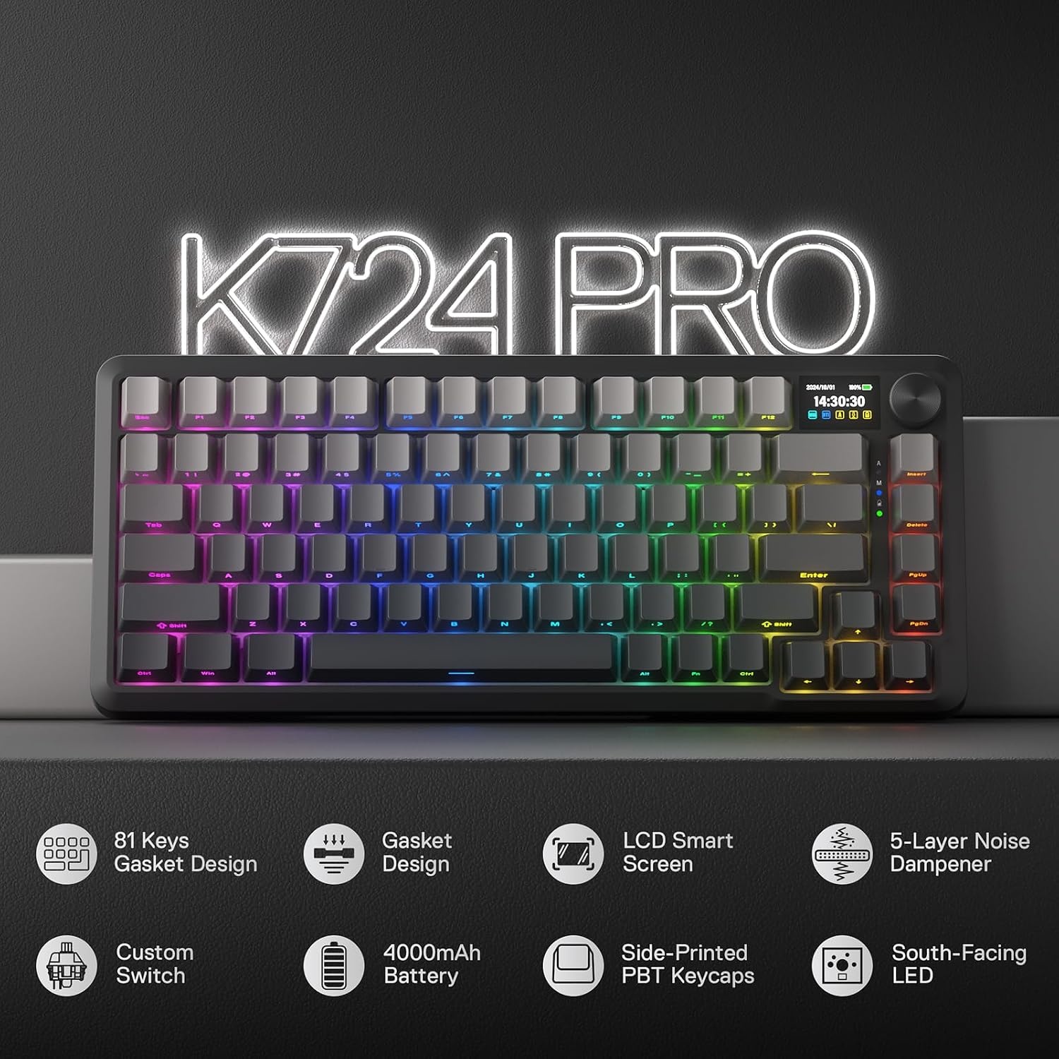 image:imageRedragon K673 PRO Wireless 81Key RGB Gasket Gaming Keyboard Scroll KnobConcrete Jungle