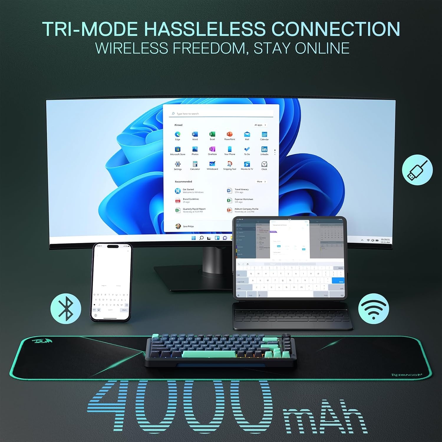 image:imageRedragon K673 PRO Wireless 81Key RGB Gasket Gaming Keyboard Scroll KnobDark Jade