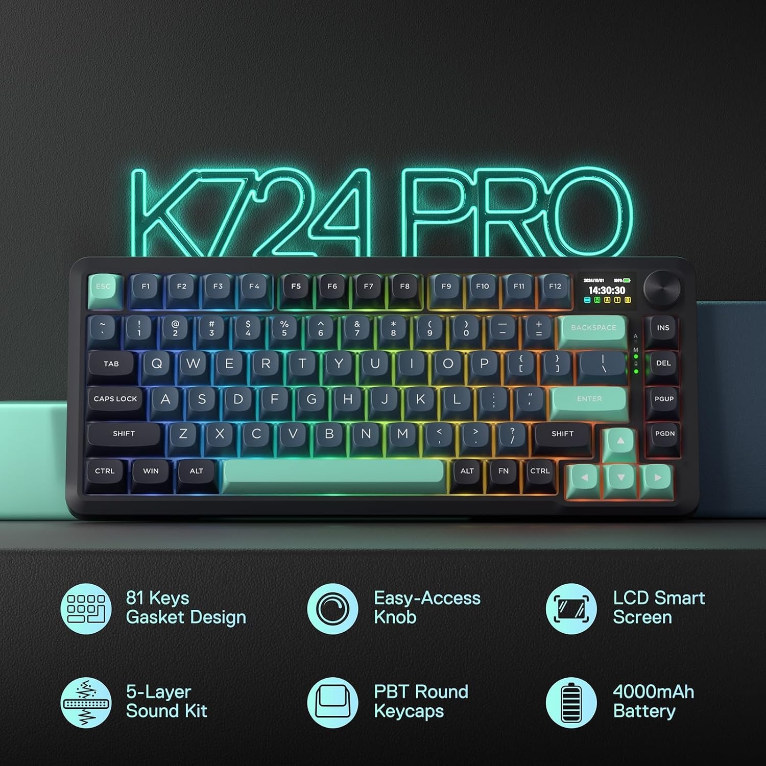 image:imageRedragon K673 PRO Wireless 81Key RGB Gasket Gaming Keyboard Scroll KnobDark Jade