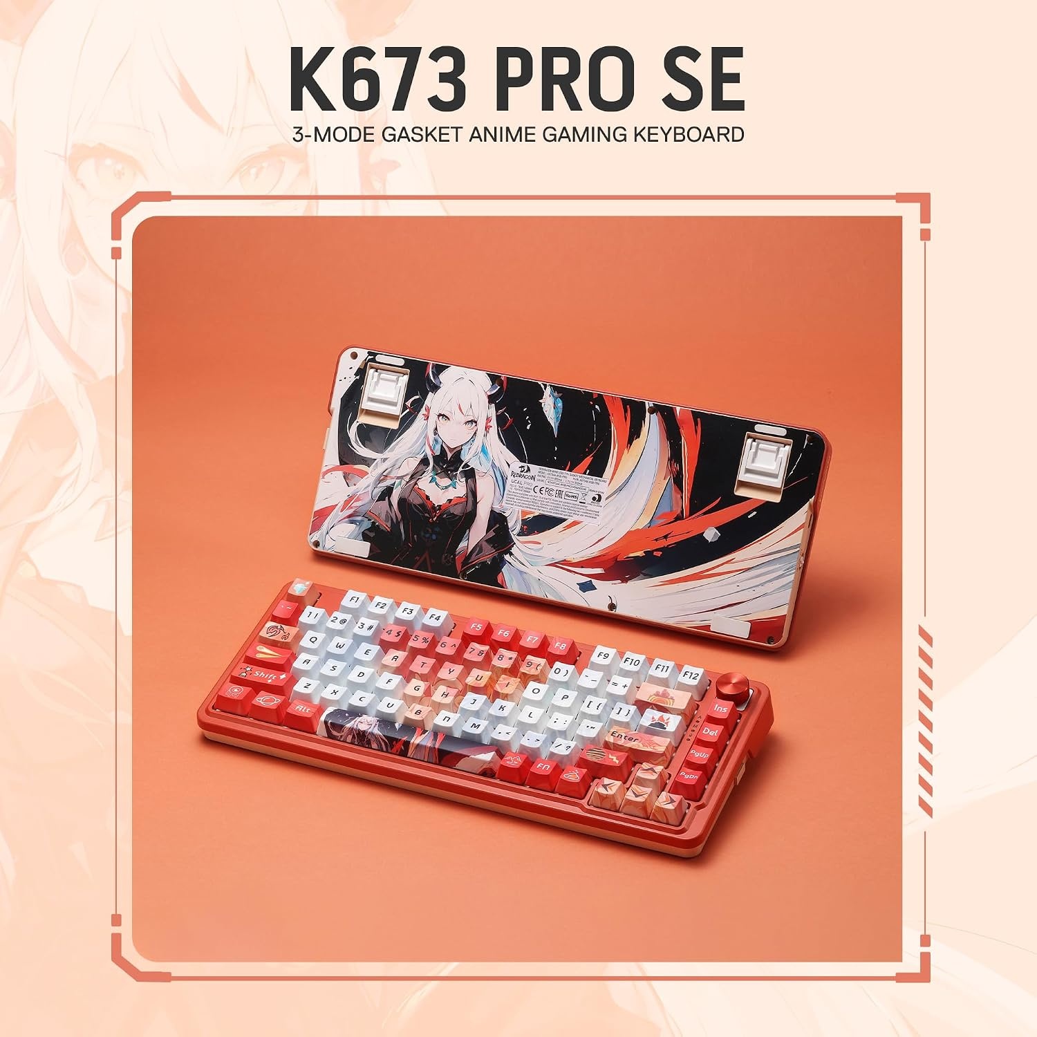 image:imageRedragon K673 PRO Wireless 81Key RGB Gasket Gaming Keyboard Scroll KnobFlaming Red Anime Version