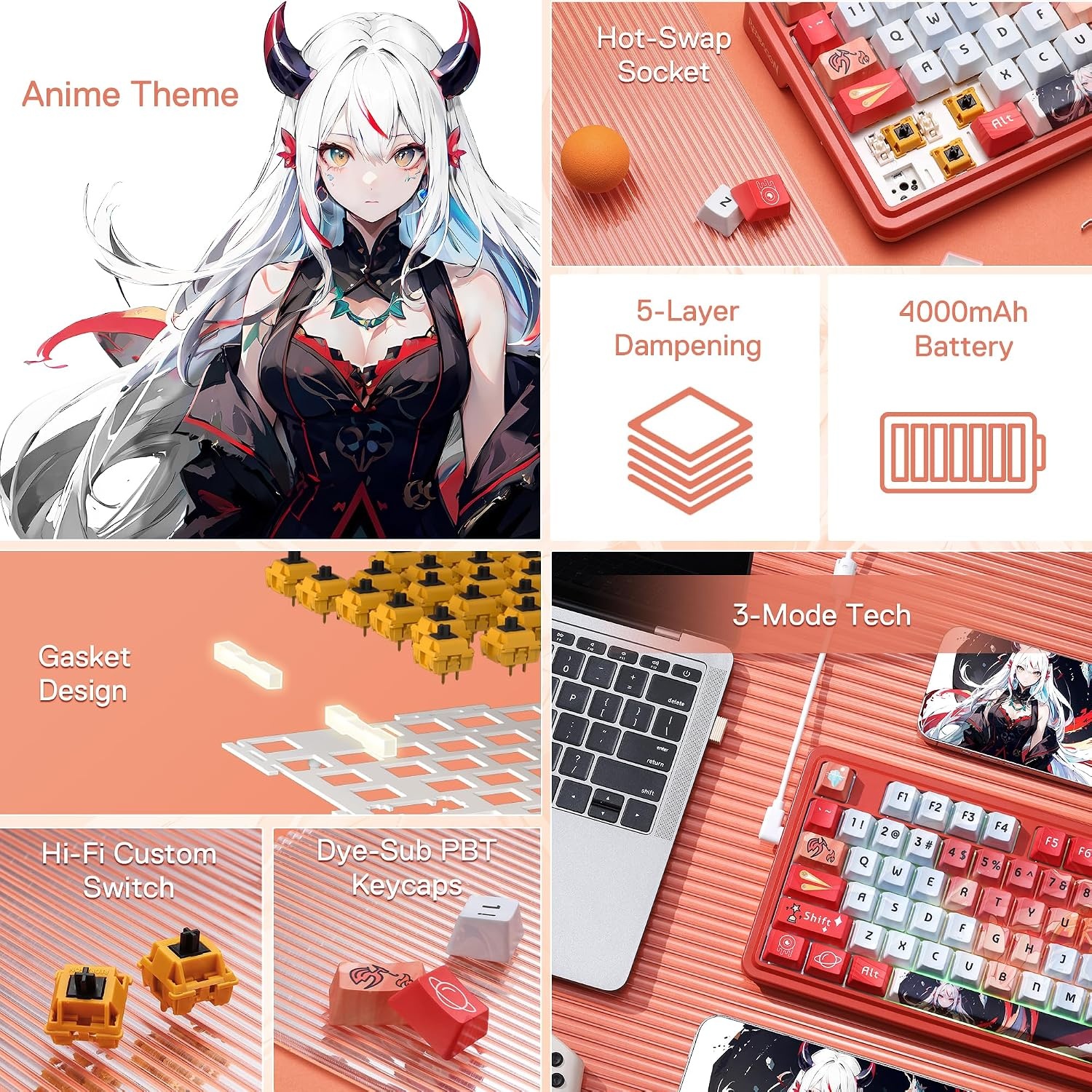 image:imageRedragon K673 PRO Wireless 81Key RGB Gasket Gaming Keyboard Scroll KnobFlaming Red Anime Version