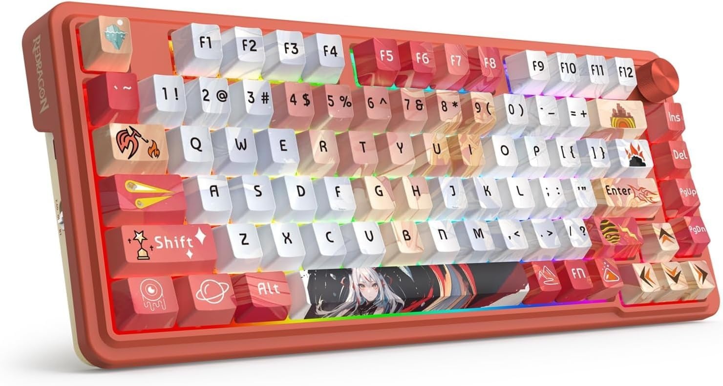 image:imageRedragon K673 PRO Wireless 81Key RGB Gasket Gaming Keyboard Scroll KnobFlaming Red Anime Version