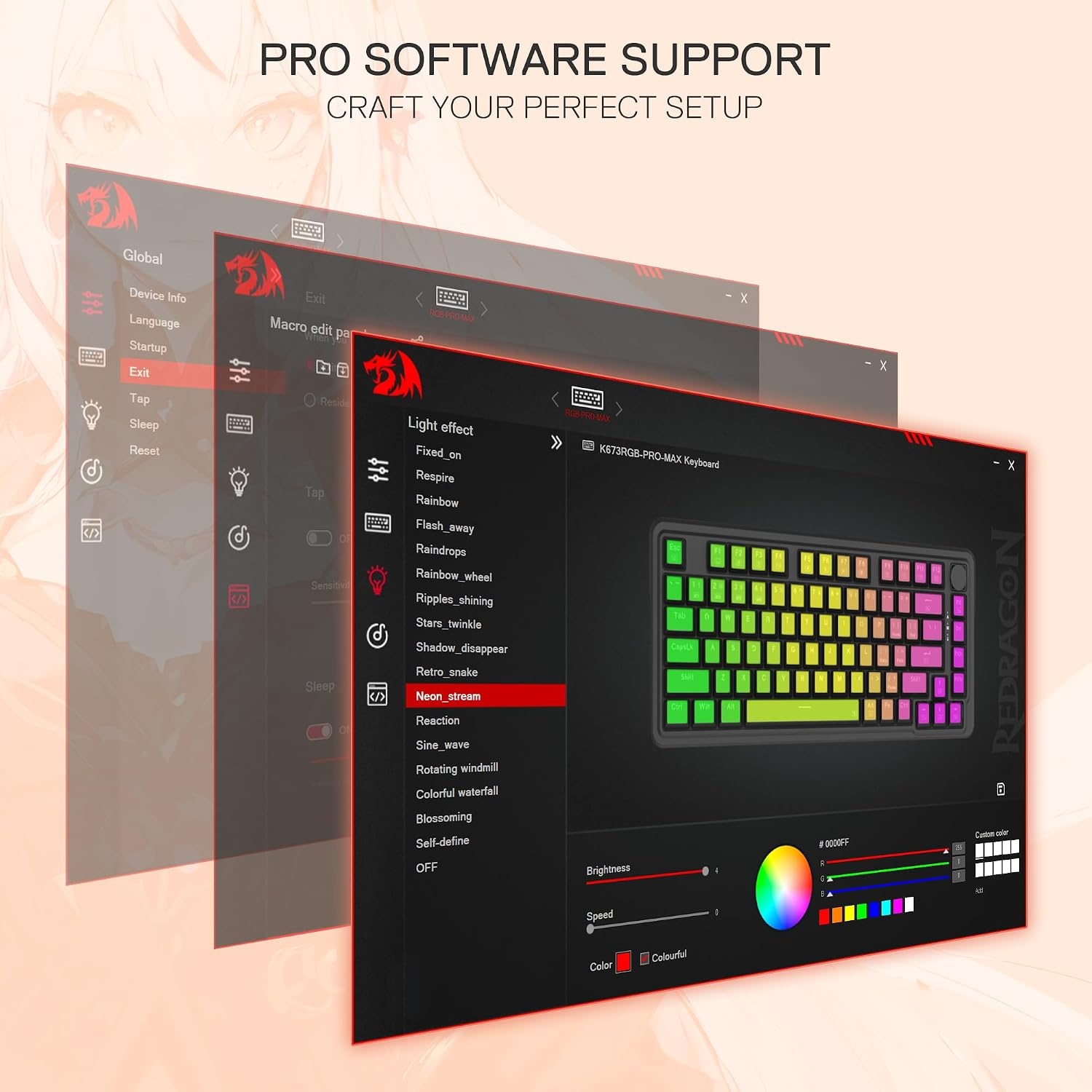 image:imageRedragon K673 PRO Wireless 81Key RGB Gasket Gaming Keyboard Scroll KnobFlaming Red Anime Version