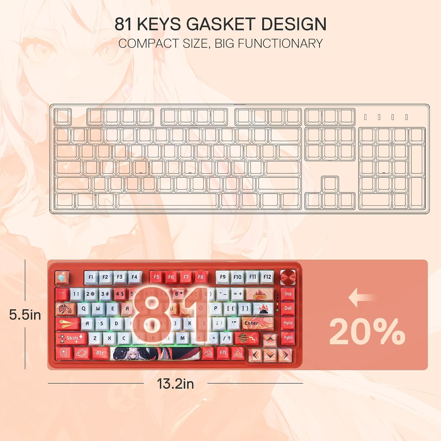 image:imageRedragon K673 PRO Wireless 81Key RGB Gasket Gaming Keyboard Scroll KnobFlaming Red Anime Version