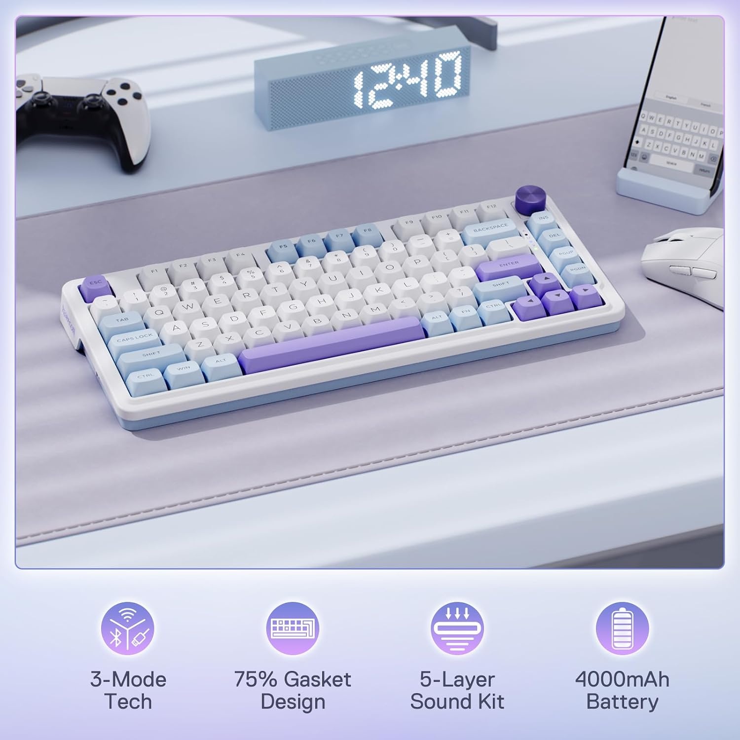 image:imageRedragon K673 PRO Wireless 81Key RGB Gasket Gaming Keyboard Scroll KnobMoonrise Violet