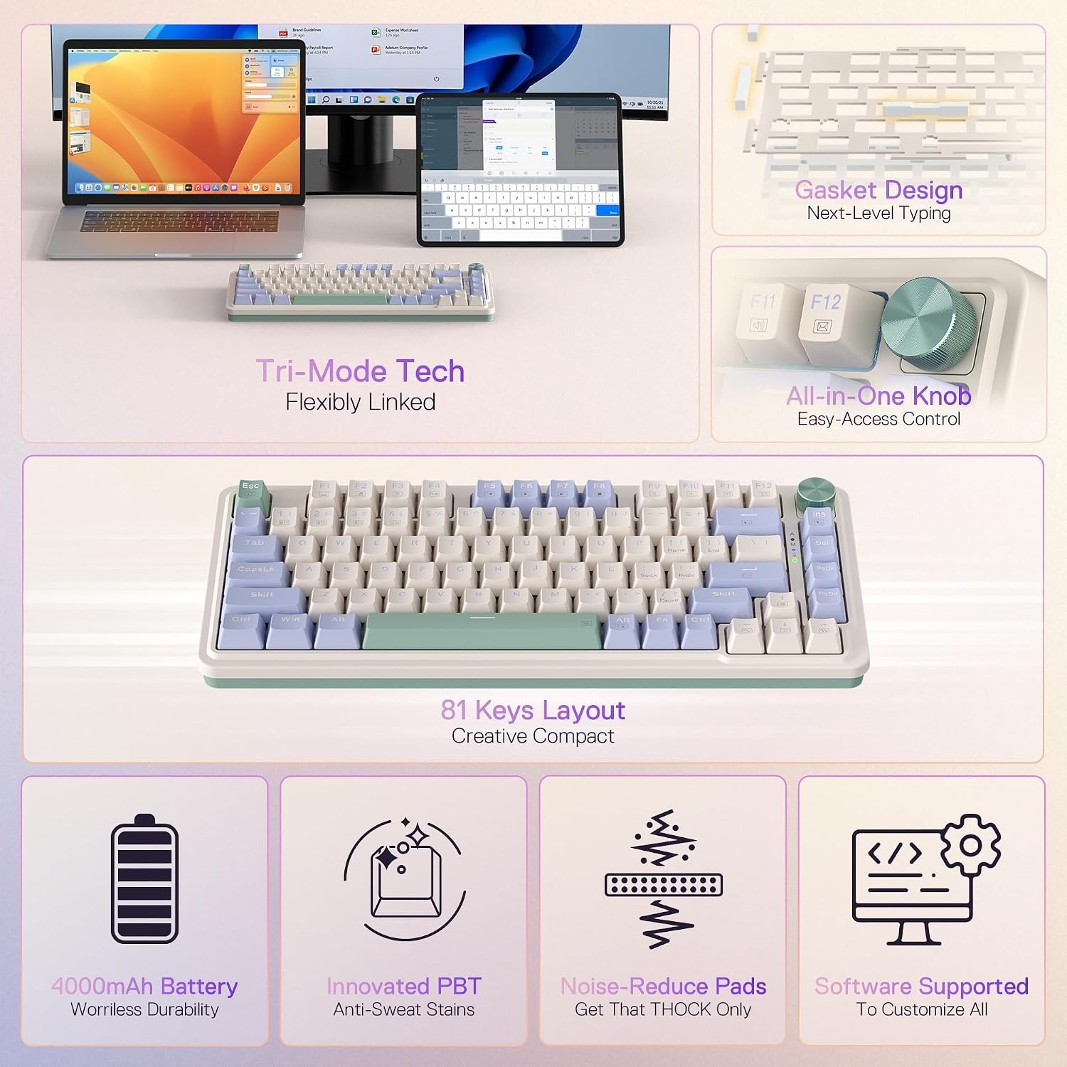 image:imageRedragon K673 PRO Wireless 81Key RGB Gasket Gaming Keyboard Scroll KnobVintage Blue