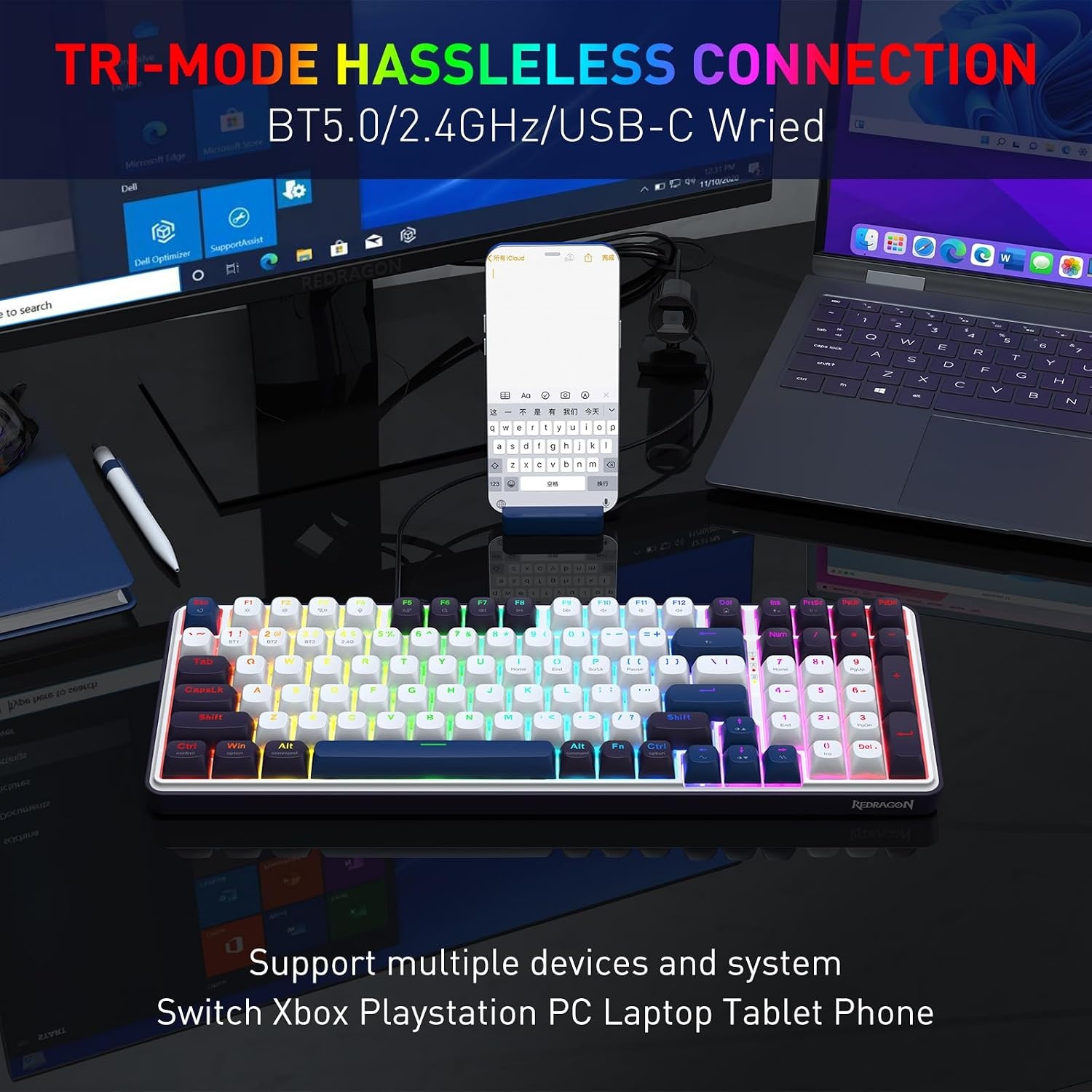 image:imageRedragon K686 PRO Wireless RGB Gasket Gaming Keyboard DyeSub Anime KeycapCerulean Polar