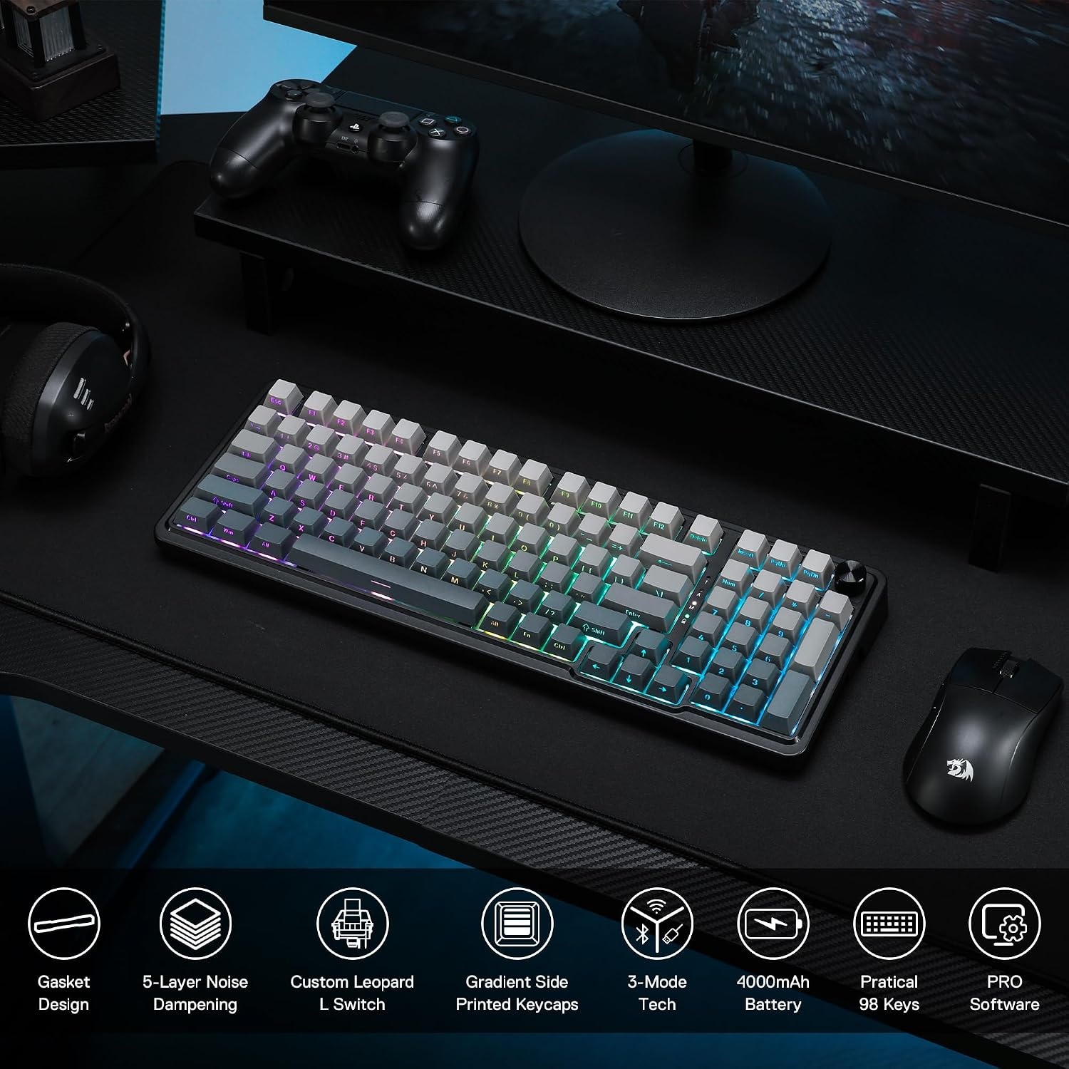 image:imageRedragon K686 PRO Wireless RGB Gasket Gaming Keyboard DyeSub Anime KeycapConcrete Jungle
