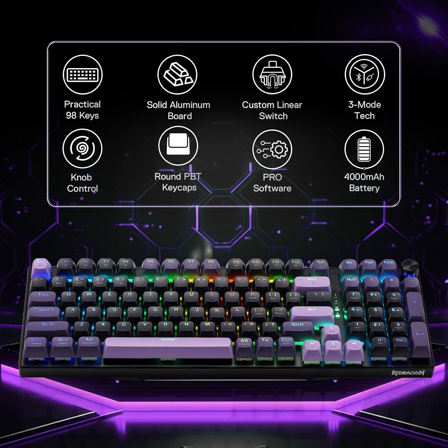 image:imageRedragon K686 PRO Wireless RGB Gasket Gaming Keyboard DyeSub Anime KeycapPurple Rain