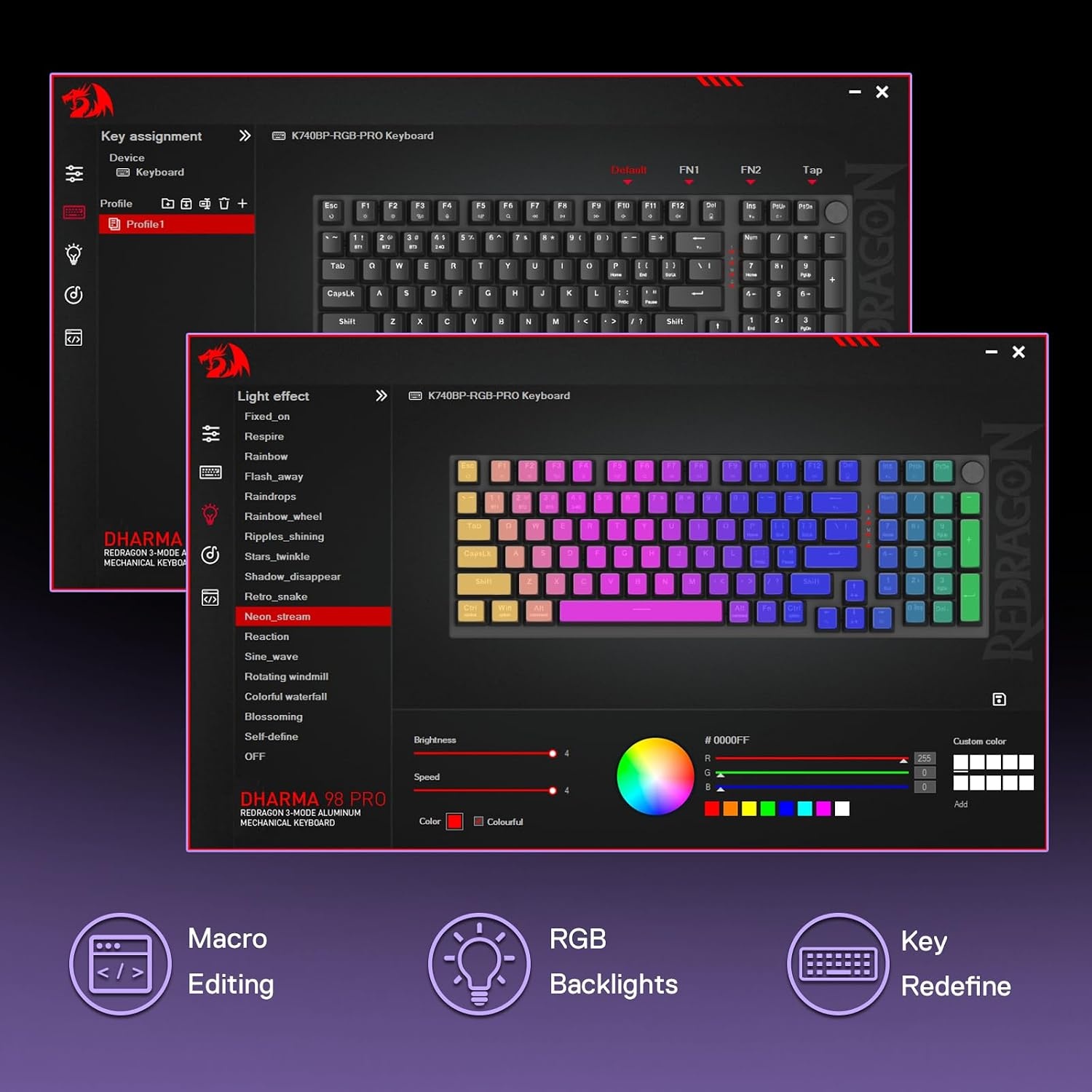 image:imageRedragon K686 PRO Wireless RGB Gasket Gaming Keyboard DyeSub Anime KeycapPurple Rain