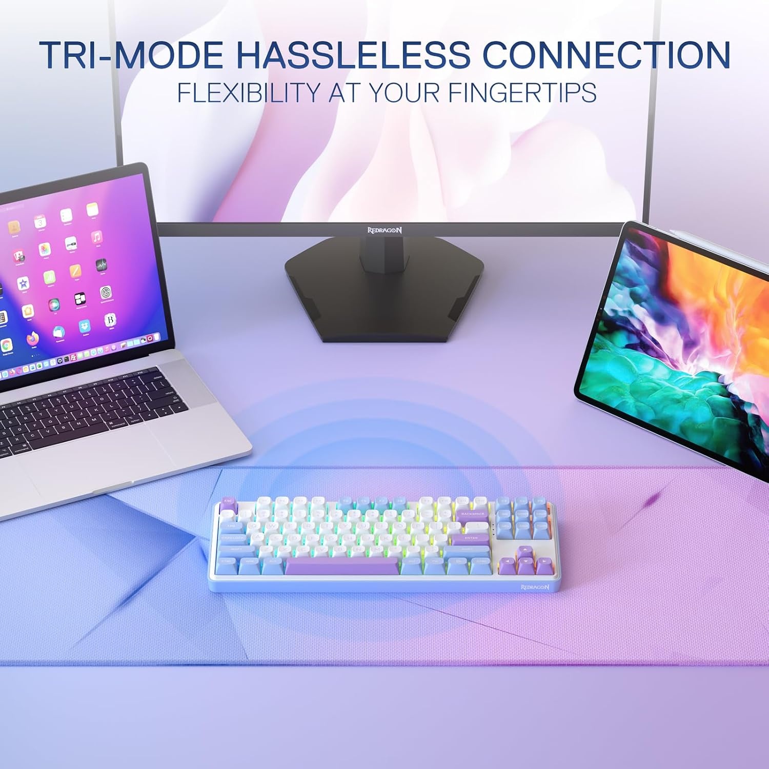image:imageRedragon K707 PRO SE 80 Wireless Gasket RGB Gaming Keyboard 3Modes 87 Keys TKL Anime Mechanical Keyboard wHotSwap Socket DyeSub PBT Keycaps amp 5Layer Noise Dampening Custom Linear SwitchMoonrise Violet