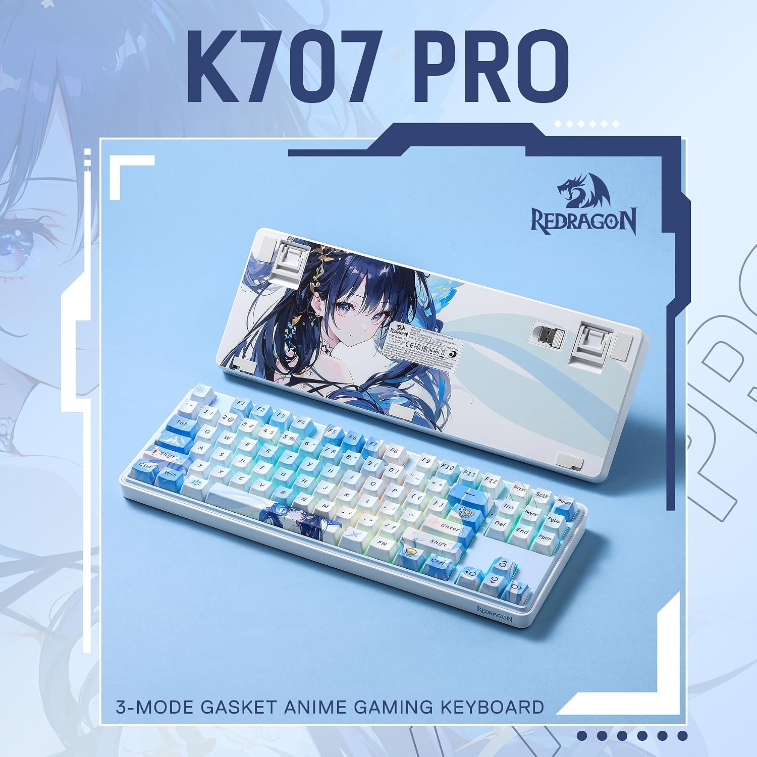 image:imageRedragon K707 PRO SE 80 Wireless Gasket RGB Gaming Keyboard 3Modes 87 Keys TKL Anime Mechanical Keyboard wHotSwap Socket DyeSub PBT Keycaps amp 5Layer Noise Dampening Custom Linear SwitchStarlight Blue Anime Version