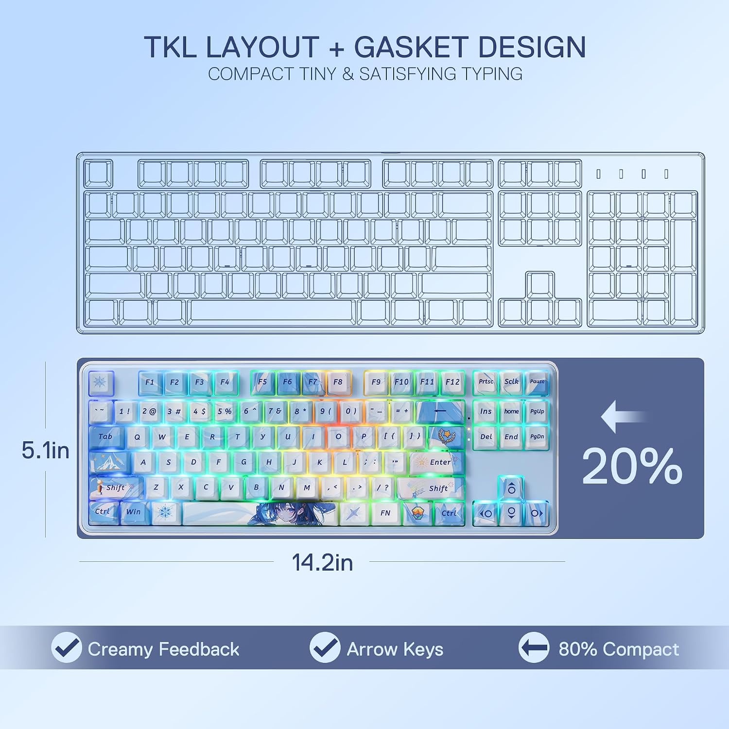 image:imageRedragon K707 PRO SE 80 Wireless Gasket RGB Gaming Keyboard 3Modes 87 Keys TKL Anime Mechanical Keyboard wHotSwap Socket DyeSub PBT Keycaps amp 5Layer Noise Dampening Custom Linear SwitchStarlight Blue Anime Version