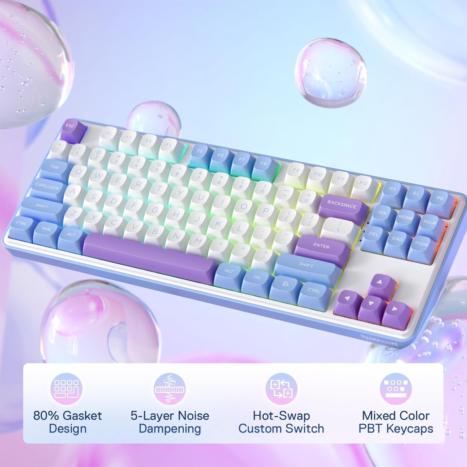 image:imageRedragon K707 PRO SE 80 Wireless Gasket RGB Gaming Keyboard 3Modes 87 Keys TKL Anime Mechanical Keyboard wHotSwap Socket DyeSub PBT Keycaps amp 5Layer Noise Dampening Custom Linear SwitchMoonrise Violet