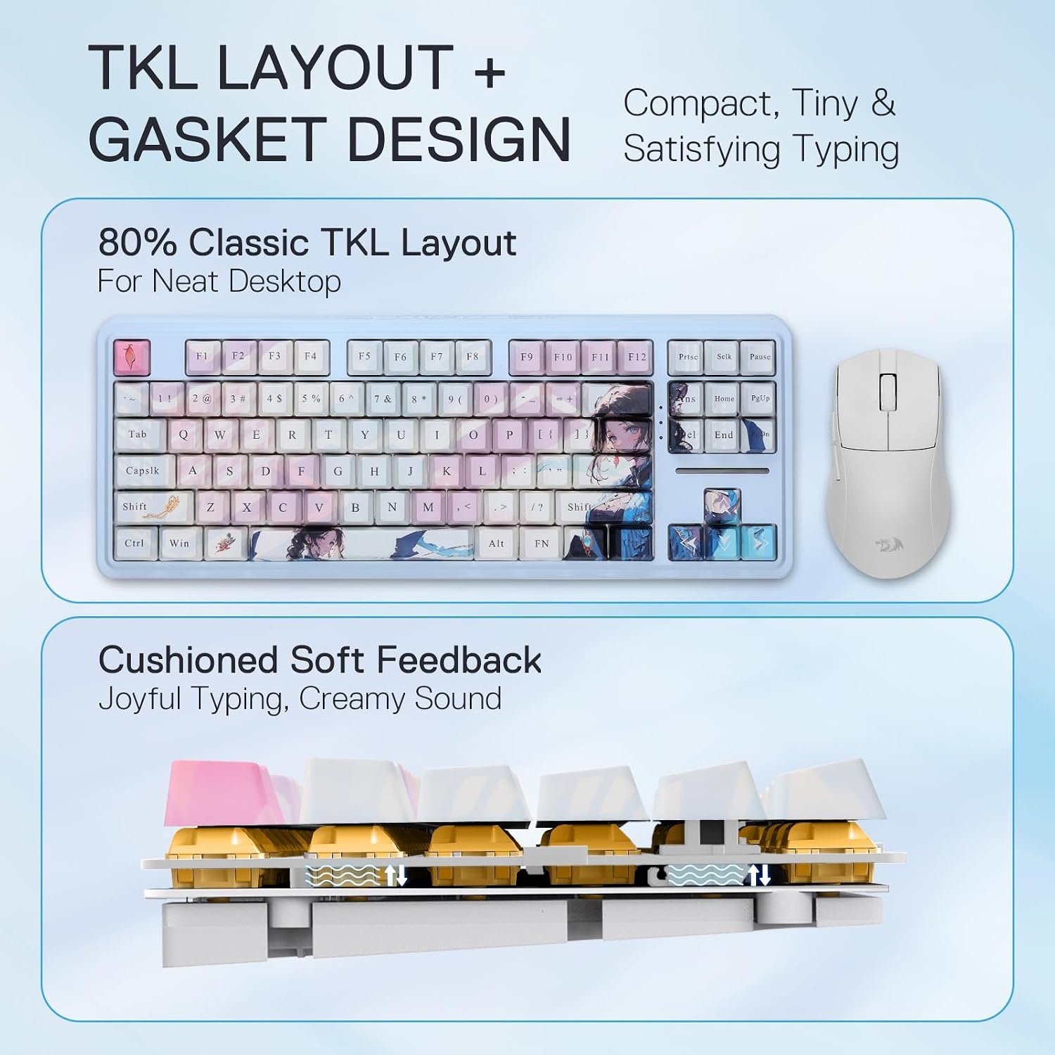 image:imageRedragon K707 PRO SE 80 Wireless Gasket RGB Gaming Keyboard 3Modes 87 Keys TKL Anime Mechanical Keyboard wHotSwap Socket DyeSub PBT Keycaps amp 5Layer Noise Dampening Custom Linear SwitchNova Azure Anime Version