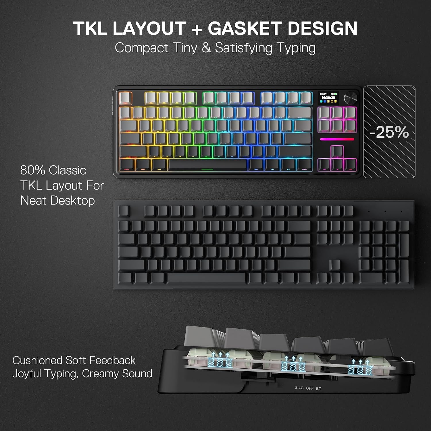 image:imageRedragon K707 PRO SE 80 Wireless Gasket RGB Gaming Keyboard 3Modes 87 Keys TKL Anime Mechanical Keyboard wHotSwap Socket DyeSub PBT Keycaps amp 5Layer Noise Dampening Custom Linear SwitchConcrete Jungle LCD Screen