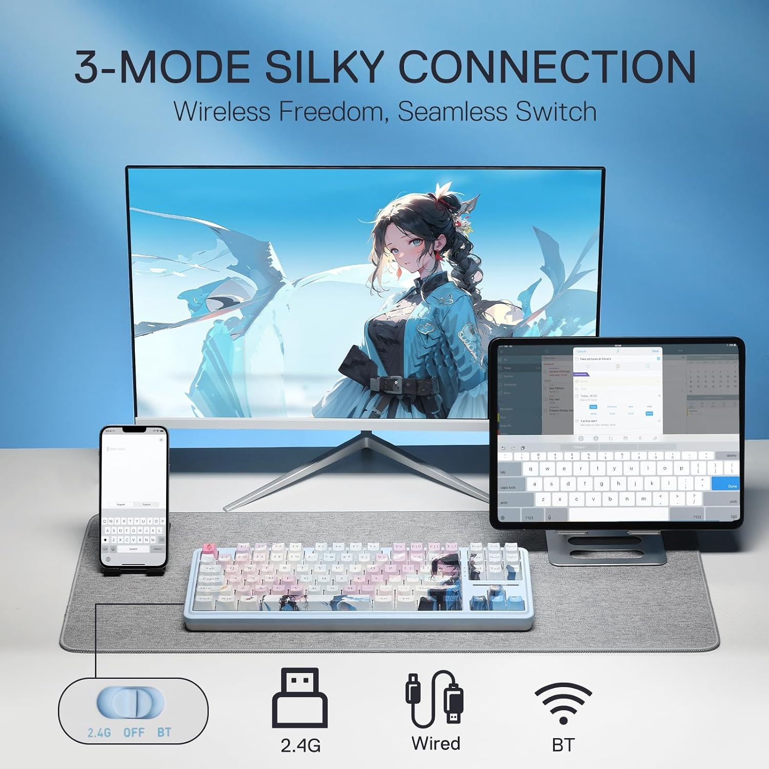 image:imageRedragon K707 PRO SE 80 Wireless Gasket RGB Gaming Keyboard 3Modes 87 Keys TKL Anime Mechanical Keyboard wHotSwap Socket DyeSub PBT Keycaps amp 5Layer Noise Dampening Custom Linear SwitchNova Azure Anime Version